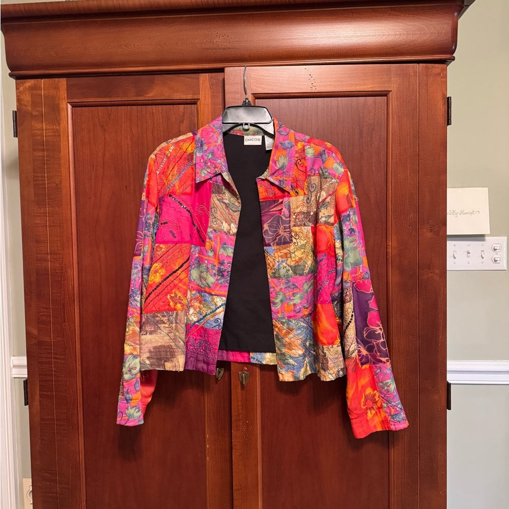 Chico's Vibrant Patchwork Blazer in Pink, Orange & Purple